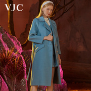VJC/威杰思秋冬女装女士蓝色时尚翻领修身气质毛呢大衣