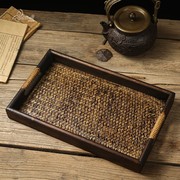 泰国实木长方形藤编托盘拜神木质中式茶盘复古放茶壶的小托盘中古