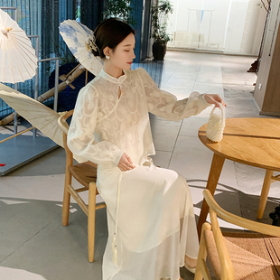 guoguowomen果果家新中式套装女2024年蕾丝，雪纺衬衫半身裙两件套