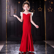 红色长款小主持人演出服，模特走秀公主，裙欧美女晚礼服儿童礼服