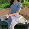 韩国chic夏季减龄复古简约v领碎花收腰系带，中长款雪纺连衣裙女