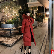 反季节羽绒服2022韩国冬季蝴蝶结系带中长款狐狸，毛连帽保暖厚外套