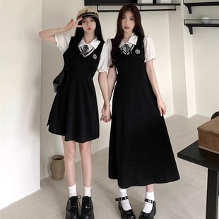 法式学院风假两件黑色polo连衣裙，子女大码夏季收腰显瘦气质a字裙