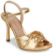 unisa女鞋时尚优雅细高跟9cm一字式扣带真皮露趾凉鞋金色夏季