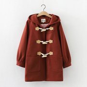 毛呢大衣女小个子2023年日系森系中长款酒红色牛角扣呢子外套