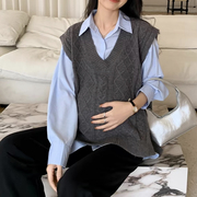 孕妇女装韩系休闲衬衫上衣叠穿针织马甲两件套