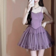 洛丽塔连衣裙公主短裙女夏甜辣妹，风甜美香芋紫色，蓬蓬网纱吊带裙子