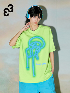 33潮牌短袖T恤海洋生物主题印花时尚荧光绿T恤