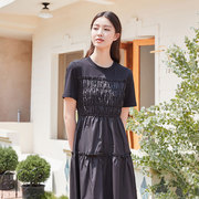lucidy鲁思蒂黑色，短袖连衣裙2023女夏季圆领，气质高腰长裙子
