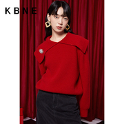 商场同款全羊毛红色，针织衫女kbne2024新年装设计感大翻领上衣