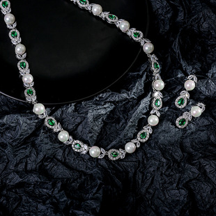 韩式简约气质锆石项链镶珍珠锁骨，链婚礼奢华项链耳环套装影楼首饰