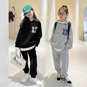女童春秋款套装韩版中大童连帽卫衣运动裤，休闲两件套装