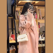 韩系粉色大衣女秋冬季2023中长款赫本风小个子毛呢外套高级感