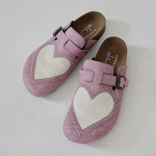 CONP 24SS 爱心长毛雕花包头鞋 暗粉色 复古真皮羊皮单鞋小众设计