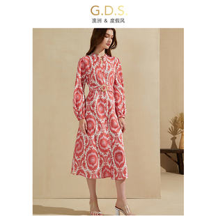 gds澳洲品牌长袖收腰显瘦连衣裙，2024海边度假红色沙滩长裙春