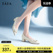 Tata他她牛皮尖头单鞋女粗跟气质浅口鞋高跟鞋2023春X8KA1AQ3