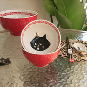 jw日式惊讶猫釉下彩陶瓷碗中国红浮雕猫咪米，饭碗家用卡通吃饭小碗