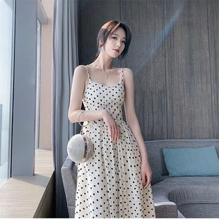 吊带连衣裙女2023夏波点雪纺，法式名媛收腰小个子，短裙仙女蛋糕长裙
