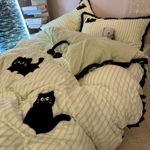 奶绿色条纹猫咪刺绣水洗棉四件套可爱卡通被套床单学生宿舍三件套