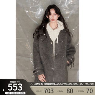 DIDDI MODA原创设计铆钉绵羊毛毛呢大衣外套女中长款2023冬季