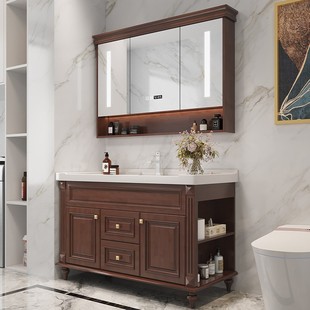 美式浴室柜橡木洗漱台陶瓷，一体盆洗脸盆，卫生间洗手台洗手盆柜组合