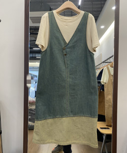 韩国24夏新纯色短袖上衣不规则扣背心裙韩版两件套撞色牛仔连衣裙