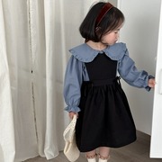 2024春季女童纯色娃娃领木耳边衬衣儿童洋气棉质复古长袖衬衫