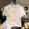 2024夏季韩版甜美小清新花朵，刺绣白色短袖，t恤女减龄圆领上衣