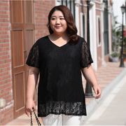 韩版女士蕾丝短袖 胖加大码斤上衣镂空花宽松型中性运动T恤