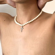 玻璃珍珠镶钻十字架项链男女，潮欧美时尚嘻哈，吊坠高街锁骨链颈链