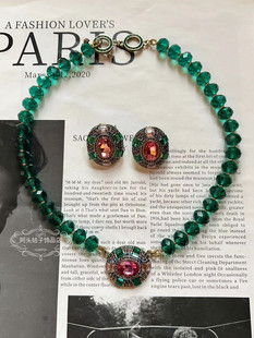 欧美宫廷中古风vintage复古气质椭圆绿色水晶宝石耳环短款项链女