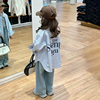 韩版童装女童条纹衬衫，2024春装儿童，宽松上衣男童字母外套裤子