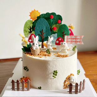 生日蛋糕装饰品摆件可爱小兔子宝宝，韩式迷你胡萝卜箩筐田园风格