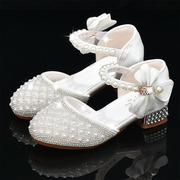 女童高跟银色珍珠水晶鞋配礼服表演小孩软底女孩公主儿童皮鞋