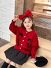 女童红色新年服儿童，甜美蝴蝶结毛衣喜气宝宝时尚，针织开衫外套潮冬