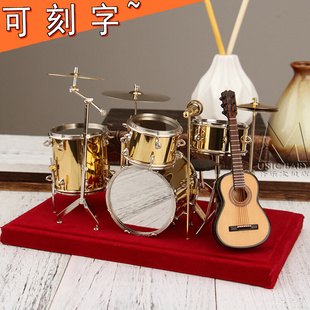 迷你架子鼓模型摆件铜镀24K金 摇滚乐队吉他电贝斯话筒电子琴模型