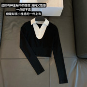 纯欲黑色假两件衬衫，领长袖百搭显瘦休闲打底套头短款上衣