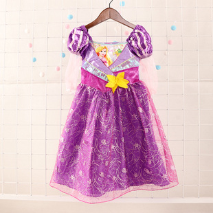 夏季童装 女童动漫紫色连衣裙蓬蓬袖黄色花朵公主裙欧美单