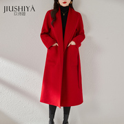 玖诗娅高级感红色毛呢，大衣女秋冬季2023韩系中长款赫本风外套