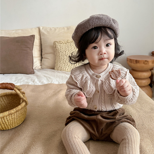韩版秋装女童棉纱娃娃领针织开衫，上衣婴幼童，纯色百搭长袖毛衣外套