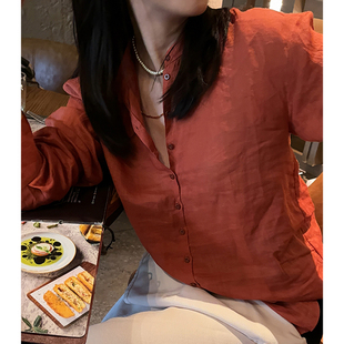 唐发发(唐发发)tff6270sline100%苎麻橘色，立领排扣长袖衬衫上衣女