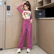 女童春装套装2024女大童洋气时髦网红儿童，春秋季工装裤两件套