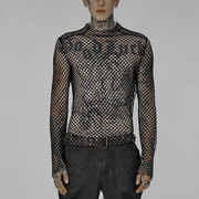 欧美时尚个性男士镂空长袖，网眼t恤透气网格，打底衫潮大码套头罩衫