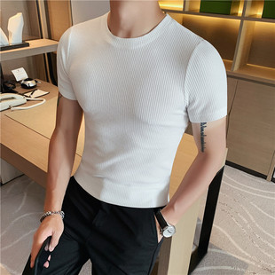 夏季男士短袖打底衫韩版修身华夫格时尚圆领纯色半袖T恤型男内搭