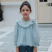 韩国儿童装2024春款coma淑女，大童甜美格子网纱，长袖打底衫t恤