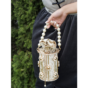LEMONC原创设计珍珠花朵水桶包春花金属镂空手提包链条单肩斜挎包