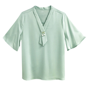 雪纺衬衫女中袖夏季韩版宽松洋气小衫喇叭袖v领气质打底衬衣