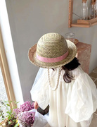 韩国春夏ins风儿童甜美可爱珍珠链条卷边草帽，日常百搭防晒帽