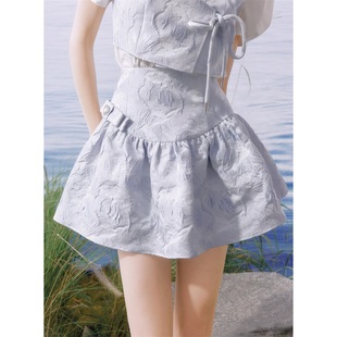 糖力夏季紫色蓬蓬短裙高腰显瘦防走光肌理提花半身裙女小个子