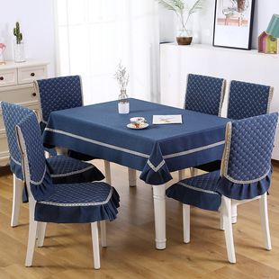 中式亚麻餐桌椅垫椅套靠背方格桌布台布素色布艺坐垫组合套装